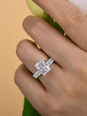 2 PC Radiant Cut Rectangle Crushed Ice Moissanite Sterling Silver Bridal Engagement & Half Eternity Wedding Band Set