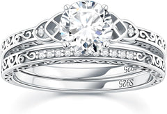 2 PC Vintage Round Cut Moissanite Sterling Silver Bridal Wedding & Engagement Ring Set for Women