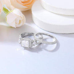 2PC Vintage Princess Cut Moissanite 925 Sterling Silver Bridal Engagement & Wedding Ring Set for Women