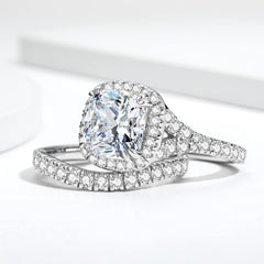2 PC Cushion Cut CVD Diamond Split Shank Sterling Silver Bridal Wedding & Engagement Ring Set for Women