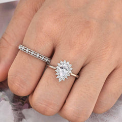 2PC Halo Pear Cut CVD Diamond 18K Gold Bridal Engagement & Wedding Ring Set
