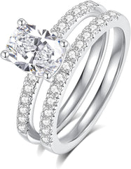 2 PC Oval Brilliant Cut CVD Diamond Sterling Silver Bridal Wedding & Engagement Ring Set for Women