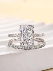 2 PC Radiant Cut Rectangle Crushed Ice CVD Diamond Sterling Silver Bridal Engagement & Half Eternity Wedding Band Set