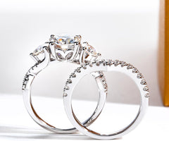 2 PC Round Brilliant Cut Moissanite Sterling Silver Bridal Wedding & Engagement Ring Set for Women