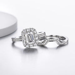 2 PC Emerald Cut Halo Moissanite Sterling Silver Bridal Wedding & Engagement Ring Set for Women