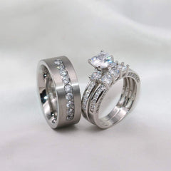 Heart Cut Moissanite His & Hers Wedding Ring Sets Women’s 925 Sterling Silver Bridal Rings with Men’s Titanium Band