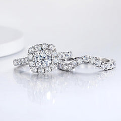 2 PC Cushion Cut Halo CVD Diamond Sterling Silver Bridal Wedding & Engagement Ring Set for Women
