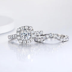 2 PC Cushion Cut Halo Moissanite Sterling Silver Bridal Wedding & Engagement Ring Set for Women