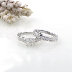2 PC Princess Cut Moissanite 925 Sterling Silver Bridal Engagement Wedding Ring Set for Women