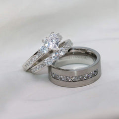 Heart Cut Moissanite His & Hers Wedding Ring Sets Women’s 925 Sterling Silver Bridal Rings with Men’s Titanium Band