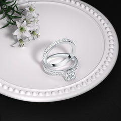 2 PC Princess Cut Moissanite Sterling Silver Bridal Wedding & Engagement Ring Set for Women