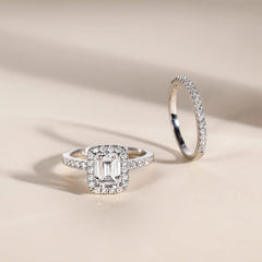Emerald Cut Moissanite Sterling Silver Vintage Bridal Engagement Ring & Wedding Band Set for Women
