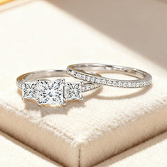 2 PC Princess Cut 3-Stone CVD Diamond 18K Gold Bridal Wedding & Engagement Ring Set for W