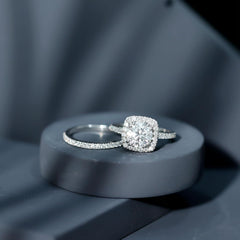 2 PC Round Brilliant Cut Halo Moissanite Sterling Silver Bridal Wedding & Engagement Ring Enhancer Set for Women