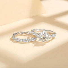 2 PC Round Brilliant Cut CVD Diamond Three-Stone Pavé Twist Bridal Wedding & Engagement Ring Set for Women