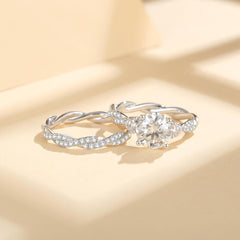 2 PC Round Brilliant Cut Moissanite Three-Stone Pavé Twist Bridal Wedding & Engagement Ring Set for Women