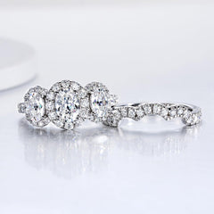 2 PC Oval Cut 3-Stone CVD Diamond 18K Gold Bridal Wedding & Engagement Ring Set