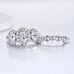 2 PC Oval Cut 3-Stone Moissanite Sterling Silver Bridal Wedding & Engagement Ring Set for Women