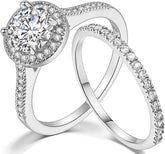 2 PC Round Brilliant Cut Rose Silver Eternity Bridal Wedding & Engagement Solitaire Ring Set for Women
