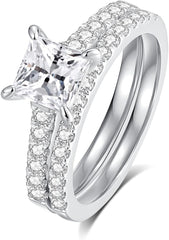 2 PC Princess Cut Moissanite Sterling Silver Wedding Bridal Engagement Ring Set for Women