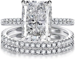 2 PC Radiant Cut Rectangle Crushed Ice Moissanite Sterling Silver Bridal Engagement & Half Eternity Wedding Band Set