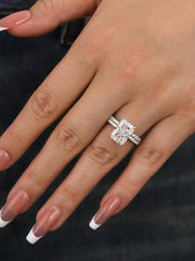 2 PC Radiant Cut Rectangle Crushed Ice Moissanite Sterling Silver Bridal Engagement & Half Eternity Wedding Band Set