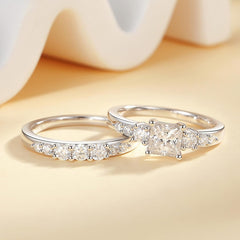 2 PC Princess Cut Moissanite Engagement Ring Set for Women Sterling Silver Wedding Ring for Women