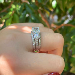 2 PC Princess Cut Three-Stone Moissanite Sterling Silver Wedding Ring Enhancer Bridal Set