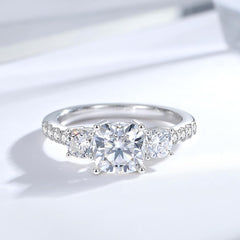 Round Cut Moissanite Sterling Silver 3PC Engagement Ring Set with Eternity Bands for Women