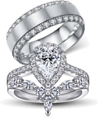 Couple Rings Set Pear Cut CVD Diamond Women’s Sterling Silver & Men’s Titanium Steel Wedding Bands