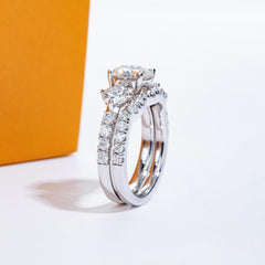 2 PC Round Brilliant Cut Moissanite Sterling Silver Bridal Wedding Ring Set with Engagement Ring & Band for Women