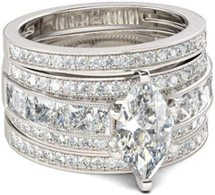 3PC Marquise Cut CVD Diamond Sterling Silver Wedding Ring Set – Solitaire Engagement, Bridal & Promise Rings for Women