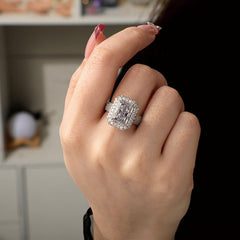 Radiant Cut Moissanite 925 Sterling Silver Halo Engagement, Wedding & Promise Ring for Women