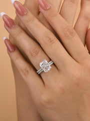 2 PC Radiant Cut Rectangle Crushed Ice CVD Diamond Sterling Silver Bridal Engagement & Half Eternity Wedding Band Set