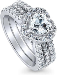 3PC Heart Cut Moissanite Sterling Silver Halo Bridal Engagement & Wedding Ring Set for Women