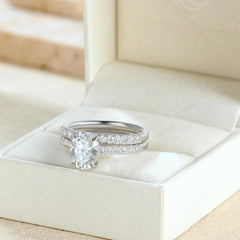 2 PC Oval Cut Moissanite Sterling Silver Bridal Wedding Ring Set – Engagement, Promise & Eternity Rings for Women