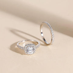 Halo CVD Diamond Sterling Silver Bridal Engagement Wedding Ring Set with Bands for Women