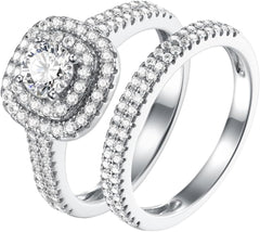 Round Cut Moissanite 925 Sterling Silver Double Halo Bridal Engagement & Wedding Ring Set for Women