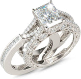 2 PC Cut Moissanite Sterling Silver Wedding Ring Set with Side Stones for Women