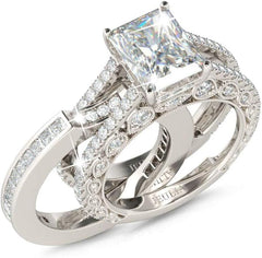 2 PC Cut Moissanite Sterling Silver Wedding Ring Set with Side Stones for Women