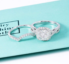 2 PC Cushion Cut Moissanite Sterling Silver Halo Bridal Wedding & Engagement Ring Set for Women