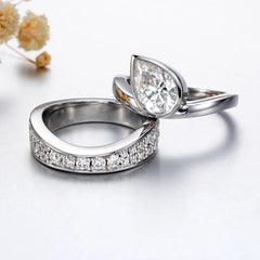 2 PC Pear Cut Crushed Ice Moissanite Sterling Silver Engagement & Wedding Guard Wrap Enhancer Ring Set
