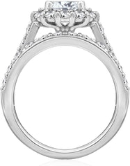 2 PC Round Brilliant Cut Moissanite Sterling Silver Double Halo Flower Bridal Engagement Ring Set with Infinite Elements