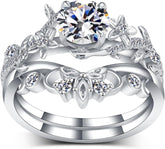 2 PC Round Shape Moissanite Leaf Design Sterling Silver Bridal Wedding & Engagement Ring Set for Women