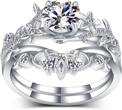 2 PC Round Shape CVD Diamond Leaf Design Sterling Silver Bridal Wedding & Engagement Ring Set for Women