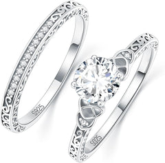 2 PC Vintage Round Cut CVD Diamond Sterling Silver Bridal Wedding & Engagement Ring Set for Women