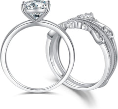 2 PC Vintage Princess Cut Moissanite Solitaire Sterling Silver Bridal Engagement & Crown Enhancer Wedding Ring Set