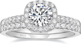 Halo Moissanite Sterling Silver Bridal Engagement Wedding Ring Set with Bands for Women