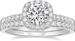 Halo CVD Diamond Sterling Silver Bridal Engagement Wedding Ring Set with Bands for Women