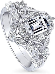 2 PC Emerald Step Cut Moissanite Sterling Silver Halo Wishbone Bridal Wedding & Engagement Ring Set for Women